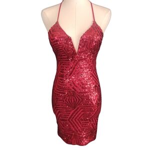 Elegant Red Sequin Halter Dress